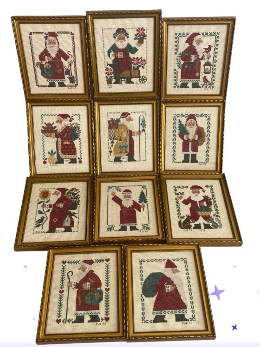 Lot of 11 Vintage Prairie Schooler Santa Cross Stitch Completed Framed 7"x8” 90s